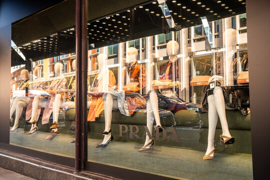 LONDON - KNIGHTSBRIDGE - Prada luxury fashion window display mannequins Harrods area