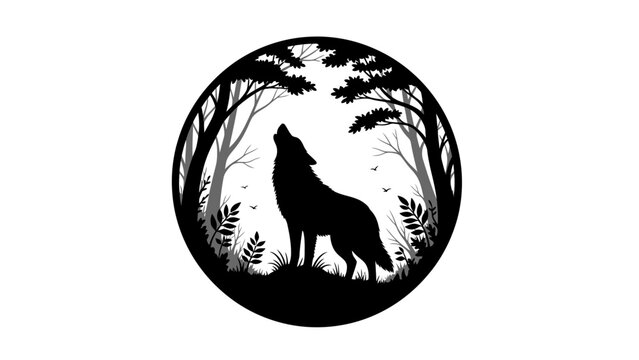 Silhouette of a howling wolf inside a circle with trees and plants design