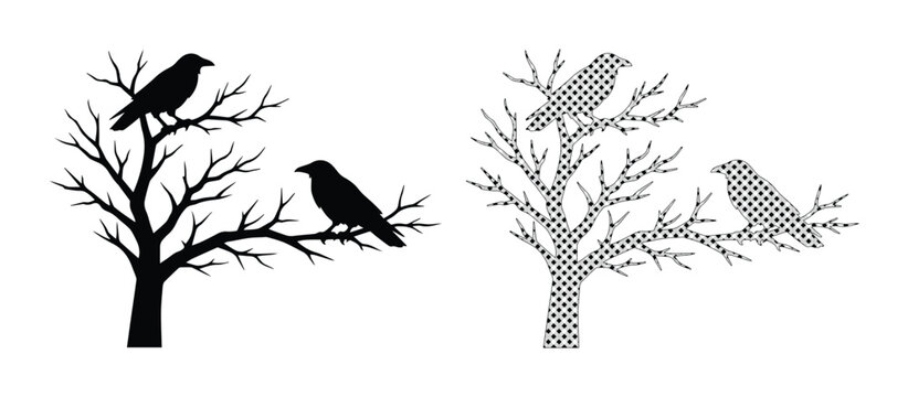 Spooky Halloween crow vector set, two dark raven silhouettes perched on a bare tree, eerie autumn bird illustration for gothic designs and seasonal decor