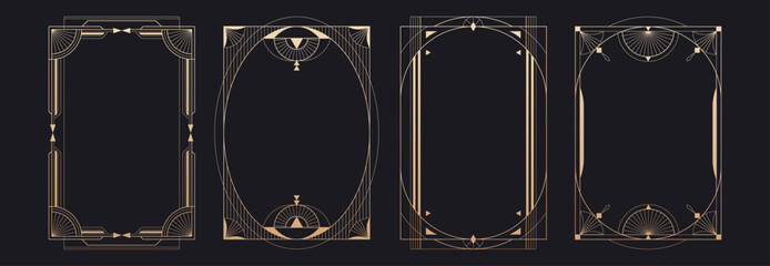 Luxury art deco frames with geometric gold lines, ornamental borders, vector set isolated on black background. Vintage golden design for 1920s style invitations, posters, and wedding cards