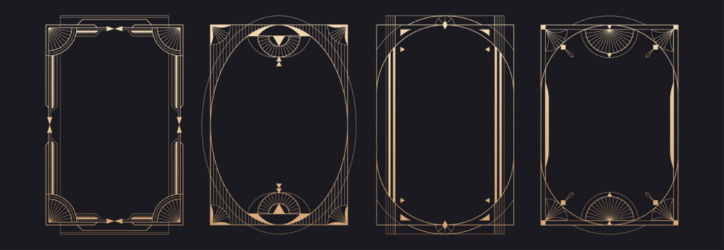 Luxury art deco frames with geometric gold lines, ornamental borders, vector set isolated on black background. Vintage golden design for 1920s style invitations, posters, and wedding cards