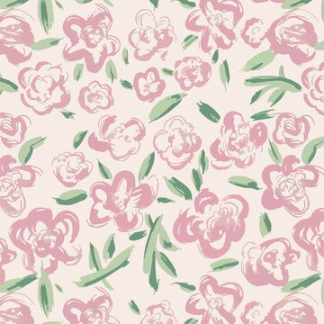 Seamless watercolor floral pattern with sketchy pink roses and green leaves. Hand-drawn painterly rose flower seamless pattern background in pink and green.