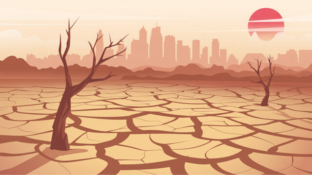 Drought landscape with cracked ground and burning sun extreme heat climate crisis minimal line outline vector design