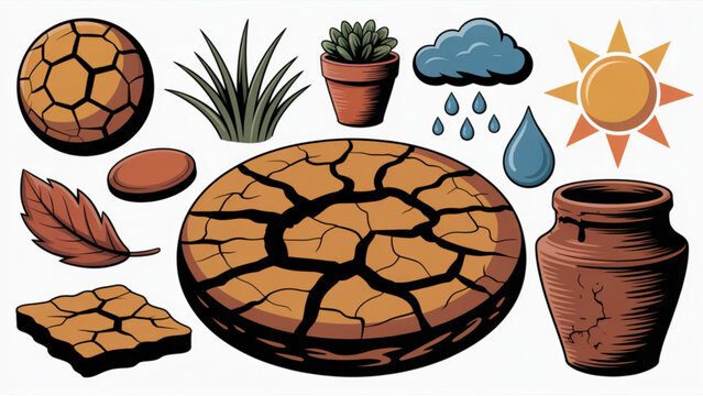 Minimal clean vector icon set representing drought and desert environment including cracked earth, dead tree, hot sun, and single water drop, consistent stroke, grid layout, isolated on white backgrou