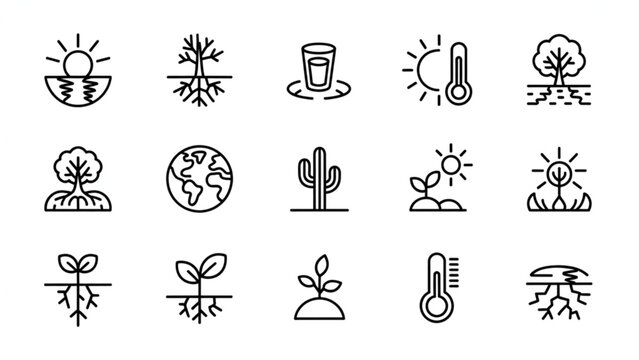 Minimal drought icons collection with cracked soil hot sun dry environment climate outline vector set isolated on white