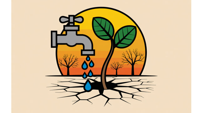 Water from faucet helping tree grow and restore soil contrasted with drought causing soil infertility and tree death environmental concept vector illustration