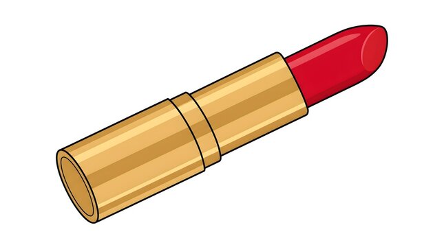  Simple golden lipstick illustration showing a classic bullet of bright red color in a horizontal position, capturing timeless old Hollywood glamour and the bold confidence of signature red lips