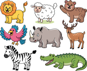 Naklejka premium Charming collection of various cute cartoon animals including lion, sheep, bear, and crocodile