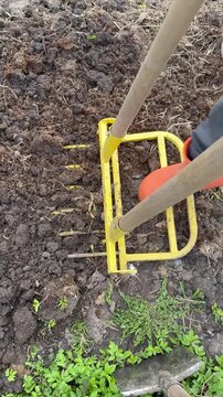 A close-up of a gardener in orange rubber boots using a manual garden fork (broadfork) or soil ripper to till the earth. 