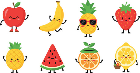 Obraz premium Cute Fruit Characters Icon Set Featuring Apple, Banana, Pineapple, Strawberry, Watermelon, Orange, and Lemon for Kids Apps, Websites, and Digital Designs