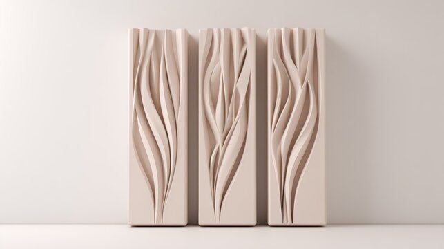 Three vertical panels featuring undulating, sculpted organic patterns stand against a muted background
