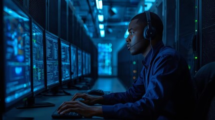 Fototapeta premium Data Center Technician Monitoring Ai Security Systems