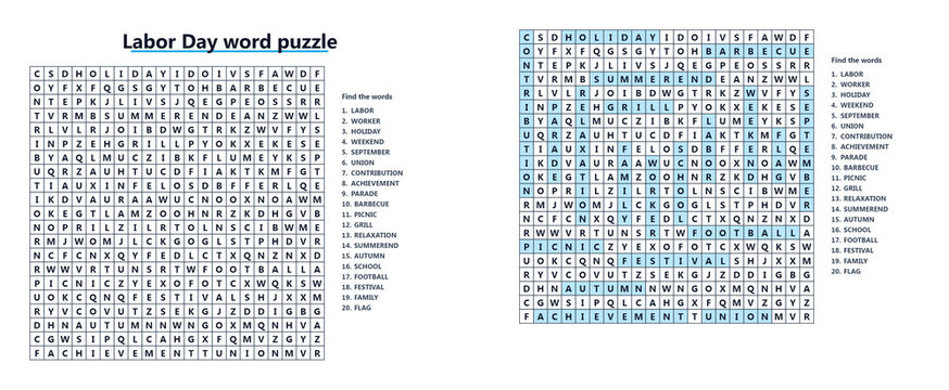 Labor Day word seek puzzle sheet featuring educational word search games for holiday celebrations and seasonal classroom activities
