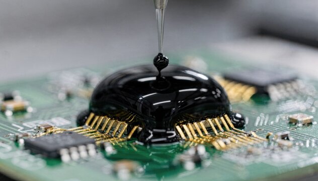Closeup medium shot of glob top encapsulation process showcasing the controlled dispensing of resin over electronic components for insulation.