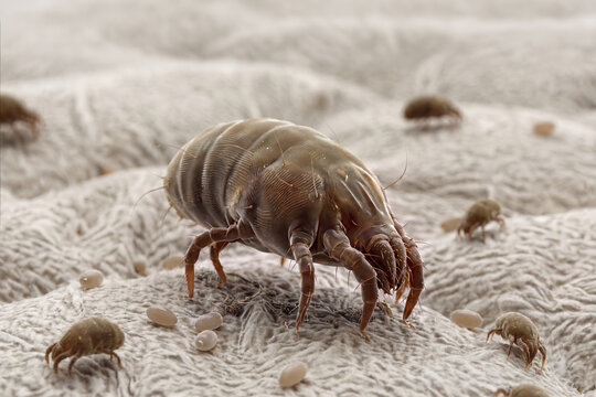 A house dust mite with eggs on a textured fabric surface