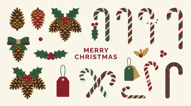 Christmas Elements Collection Pine Cones Holly Candy Canes and Tags.