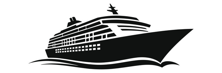 Cruise Ship Silhouette on Ocean Waves Vector Icon, Minimalist Black and White Luxury Liner Vector Graphic for Summer Vacation, Maritime Travel, Marine Transport and Tropical Sea Voyage Design © Tanver