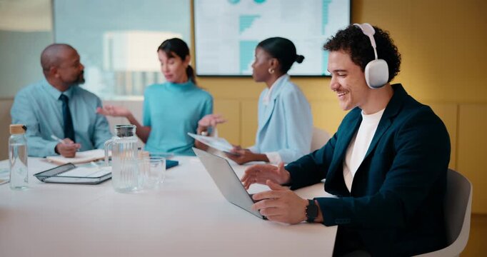 Finance, headphones and laptop with man in boardroom for review of data charts or statistics. Graphs, streaming and typing with broker in meeting at financial workplace for investment planning