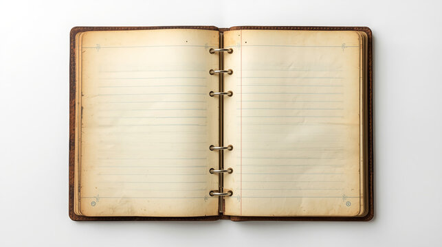 vintage-style notebook with a rustic appearance. The notebook is laid flat, showing two pages with horizontal blue lines for writing. The pages are aged, with a yellowish tint and visible wear along t