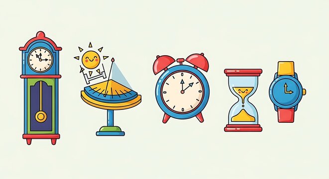 Variety of timekeeping instruments clocks sundial hourglass and wristwatch