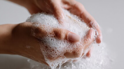 Fototapeta premium female hands washing with bar soap lather, arms visible to elbow, bright white soft background, hygiene concept photography, 8k