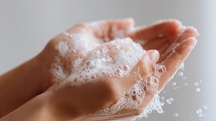 Fototapeta premium female hands washing with bar soap lather, arms visible to elbow, bright white soft background, hygiene concept photography, 8k