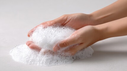 Fototapeta premium female hands washing with bar soap lather, arms visible to elbow, bright white soft background, hygiene concept photography, 8k