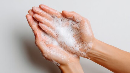 Fototapeta premium female hands washing with bar soap lather, arms visible to elbow, bright white soft background, hygiene concept photography, 8k