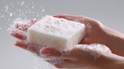 Fototapeta premium female hands washing with bar soap lather, arms visible to elbow, bright white soft background, hygiene concept photography, 8k