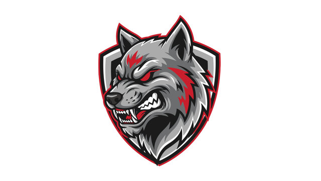 Stylized wolf head with aggressive expression against shield emblem