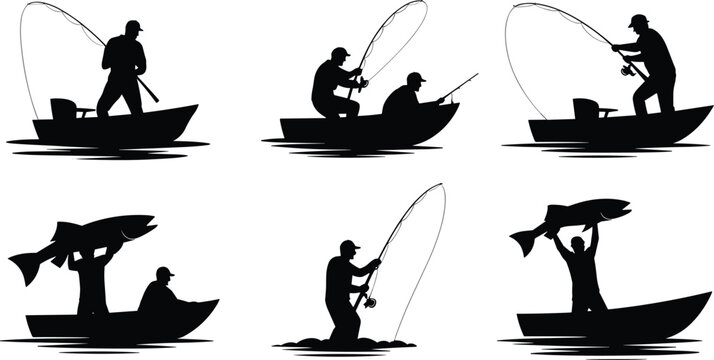 Minimal fisherman silhouette vector set with fishing boats and giant fish isolated on white background