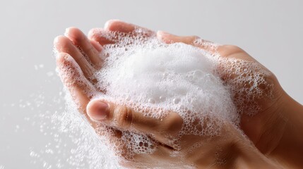 Fototapeta premium woman hands lathering soap bar creating foam bubbles, arms visible to elbow, simple minimal white background, hyper realistic canon style photo