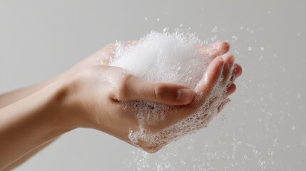 Fototapeta premium woman hands lathering soap bar creating foam bubbles, arms visible to elbow, simple minimal white background, hyper realistic canon style photo