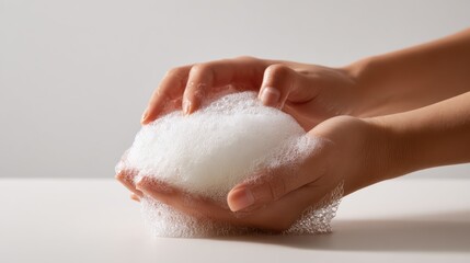 Fototapeta premium woman hands lathering soap bar creating foam bubbles, arms visible to elbow, simple minimal white background, hyper realistic canon style photo