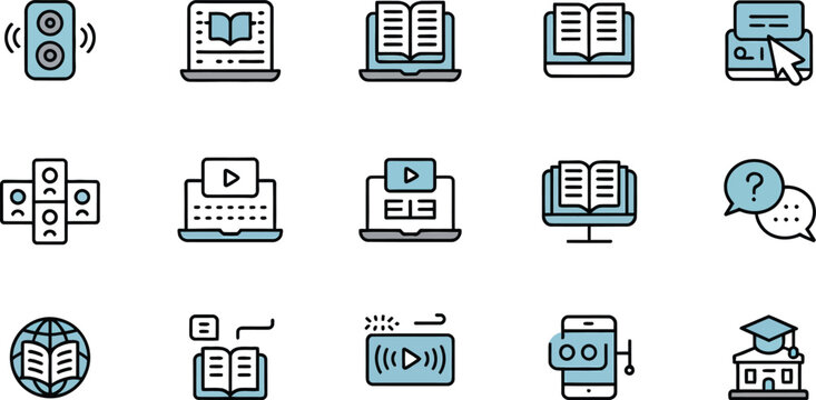 Modern digital education and e-learning icon set for online courses and virtual classrooms