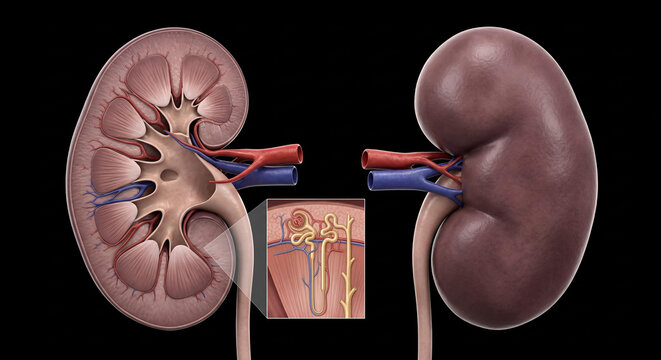 Human kidney anatomy illustration: sagittal cross-section displaying internal structures including cortex, medulla, pyramids, renal pelvis, and nephron detail, alongside an external view of the organ