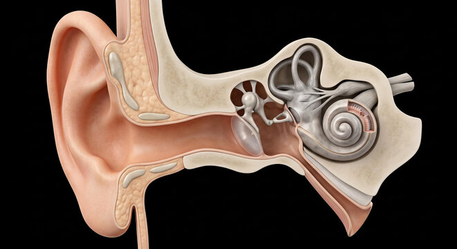 Human ear anatomical cross-section demonstrating external, middle, and inner ear structures including the cochlea, ossicles, and semicircular canals on black background.