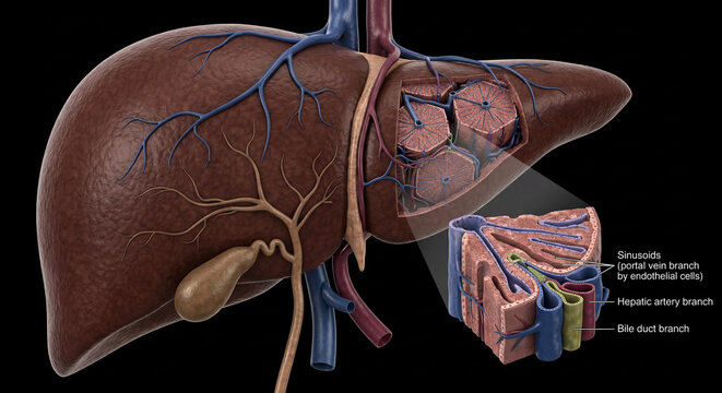 Liver and hepatic lobule detailed internal structure, showing portal triad with hepatic artery, portal vein, bile duct branches, and sinusoids, human gross anatomy and microscopic anatomy on black bac
