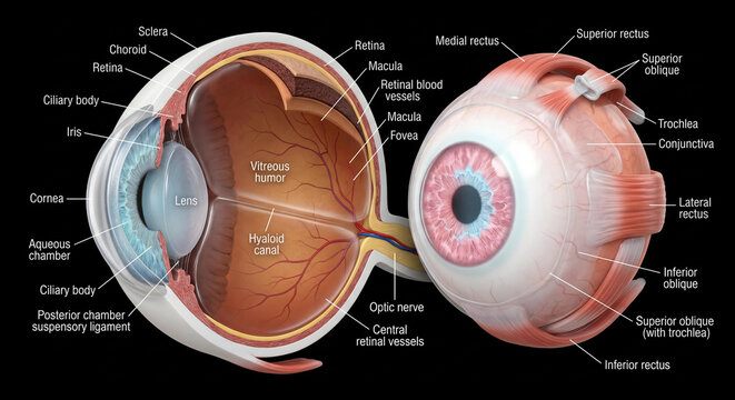 Human eye anatomy sagittal cross-section with detailed internal labels and external view showing extrinsic muscles, on black background.