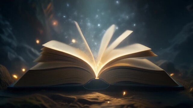 Magic Book with Glowing Particles and Pages Turning in Dark Cave