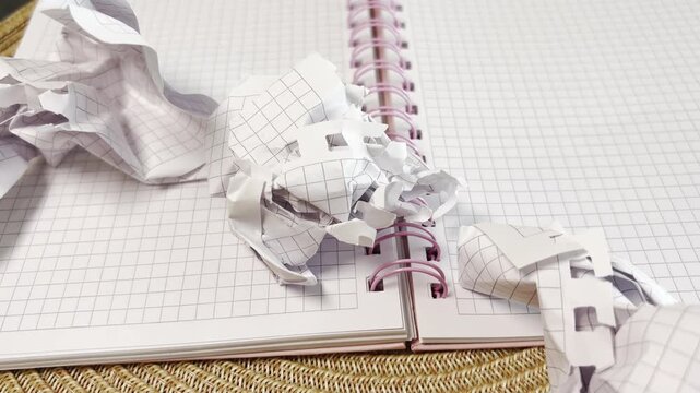 Crumpled torn paper on a spiral grid notebook representing a writer's block, mistake, frustration, or lack of creativity during brainstorming for a new project