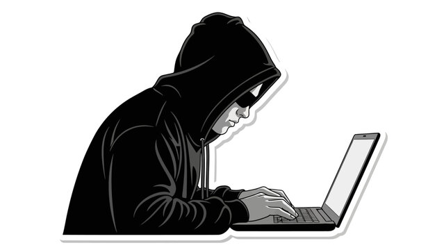 Silhouette hacker typing on laptop computer with hood and sunglasses