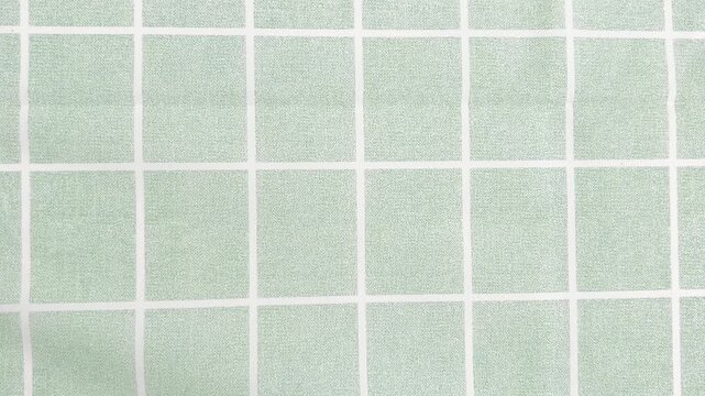 Light green checkered fabric waving gently, showcasing a soft mint colored grid pattern with white lines for a soothing, abstract textile background