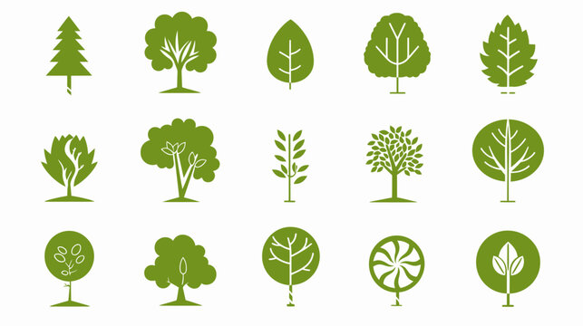 Green trees icon set various styles for design and environmental concepts