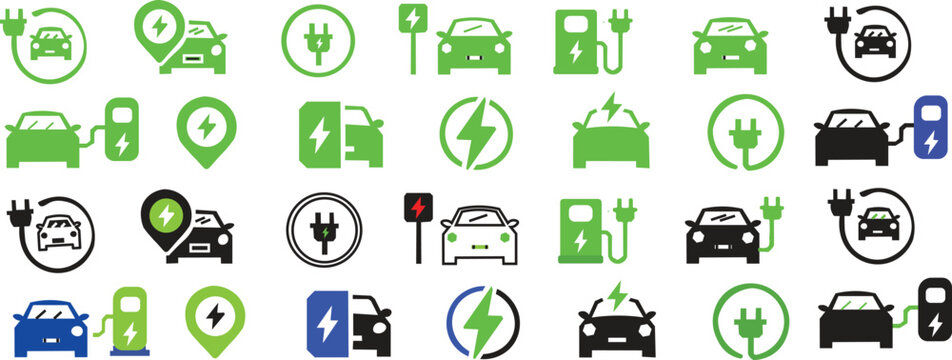 EV charging station icons featuring electric car plug, battery power level, and hybrid vehicle symbols. Electric car charging icon set with EV plug,

