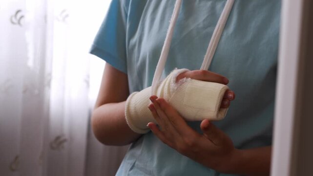 Person with a bandaged hand shows care in their home