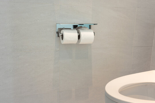 Close up toilet paper with holder and bumb gun in restroom.
