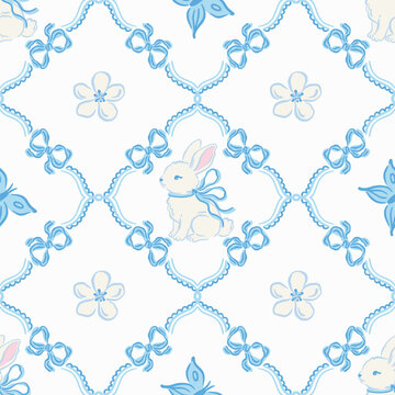 Seamless pattern of hand drawn bunny with bow, butterfly and flower in decorative blue wavy frames. Cute vintage design for nursery decor, stationery, baby apparel, and feminine branding. Vector 