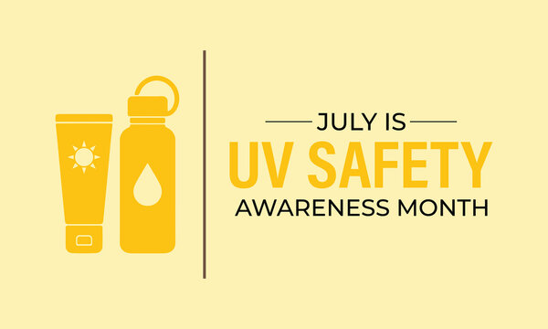 UV safety awareness month vector collection with sunglasses, shield, sunscreen bottle, protective clothing and sun icons in minimalist yellow flat style. Modern healthcare awareness graphics design.
