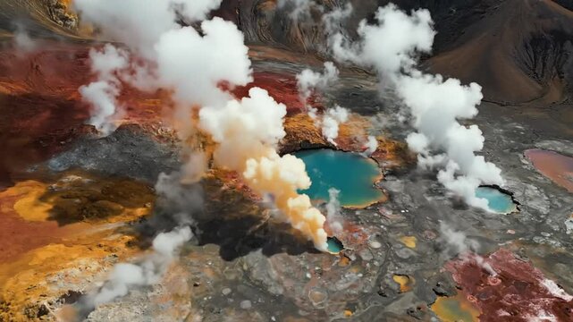 Aerial view of a colorful geothermal landscape with steaming fumaroles and turquoise pools of water